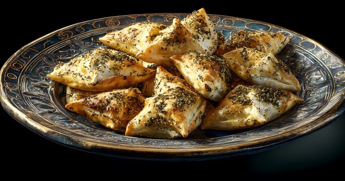 Golden hued intricately crafted plate of crispy cheesy fatayer waft fragrant scent of za'atar melted thyme culinary symphony unfolding sens clean professional stock photo sharp macro photography style