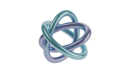 Interconnected blue and purple metallic rings in a knot isolated on a transparent background