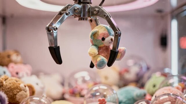 Closeup medium shot of a small robotic arms gripper securely holding a plush prize with the rest of the claw machine prizes becoming a dreamy bokeh.