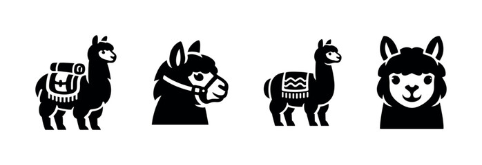 Fototapeta premium Llama silhouettes and heads collection, flat vector illustration