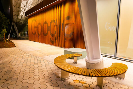 Google headquarters building illuminated Mountain View night