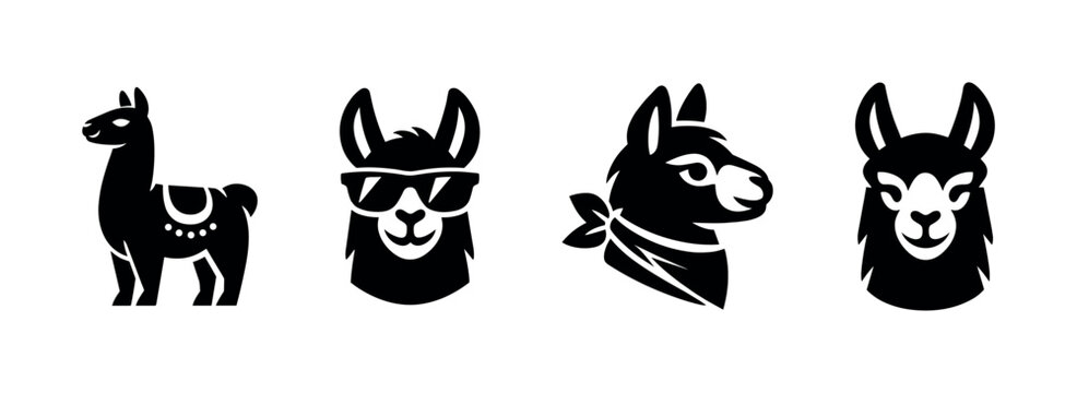 Llama silhouettes in various styles, flat vector illustration