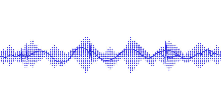 Digital technology illustration featuring an abstract blue wave background with white lines representing an audio equalizer frequency and a medical heart beat pulse graph