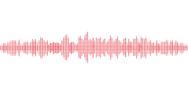 A vibrant digital illustration of the London city skyline in red featuring a heart pulse waveform and electronic audio equalizer lines to represent the technology and frequency of the city sound