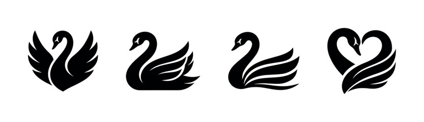 Obraz premium Elegant swan silhouettes in various poses, flat vector illustration