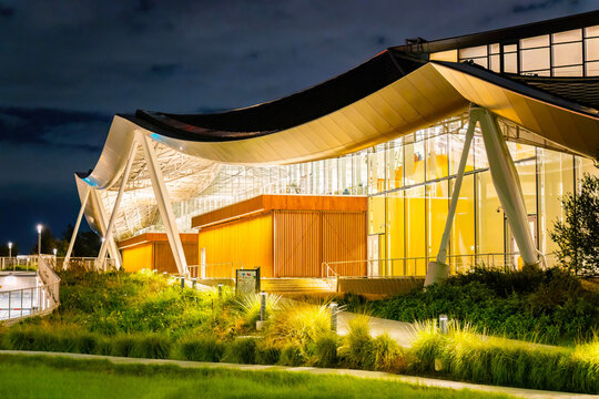 Google headquarters building illuminated Mountain View night