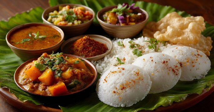 Succulent medley of fluffy idlis crispy papads sway perfect synchrony amidst harmonious blend of savory khara batura rich vegetable korma fragrant rice all brought together delicate balance of sweet
