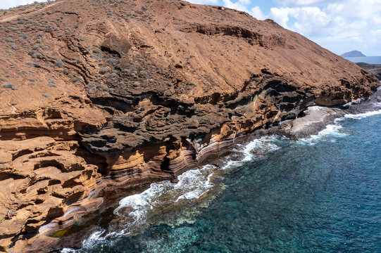 Aerial view of yellow volcanic rock shoreline, Monta&ntilde;a Amarilla, Costa del Silencio, Tenerife