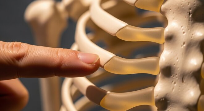 Human finger pointing at anatomical skeleton model ribs. Medical education and human body anatomy concept