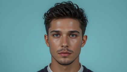Obraz premium A young man with a serious expression stands against a plain blue background