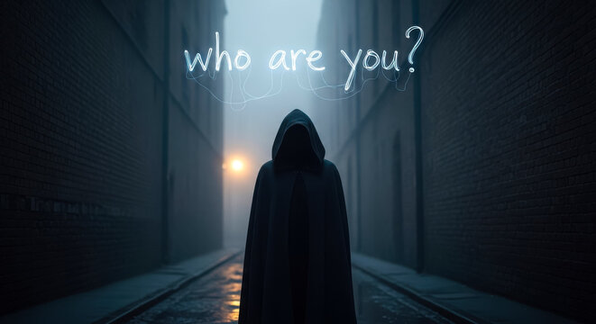 Mysterious hooded figure in dark alley with neon light