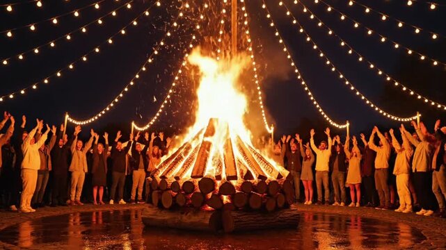 Celebration of holika dahan with a people around bonfire. 