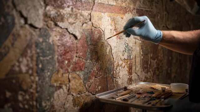 Medium shot showing the meticulous process of consolidating pigments on a crypts mural highlighting the conservators hand and tools against a softly blurred aged wall backdrop.