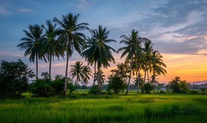 Majestic tropical sunset slowly descends upon field of vibrant green coconut tree their delicate yellow coconut slowly begin glow amidst delicate shade of dusk descending upon Vietnamese lush Fruits