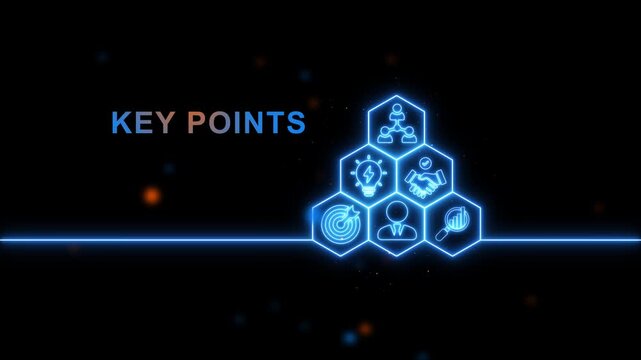 Futuristic blue neon hexagon key points infographic glowing in dark background modern tech business presentation data visualization concept with network teamwork innovation and analytics