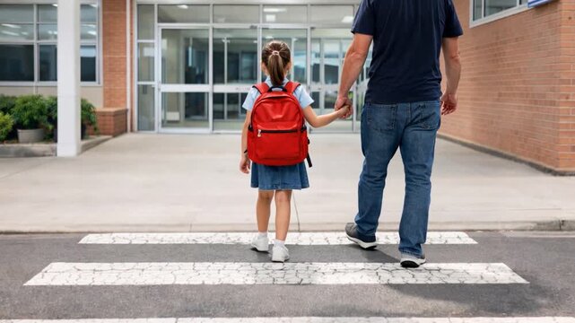 Back view of a father holding his daughter's hand and walking to school.
