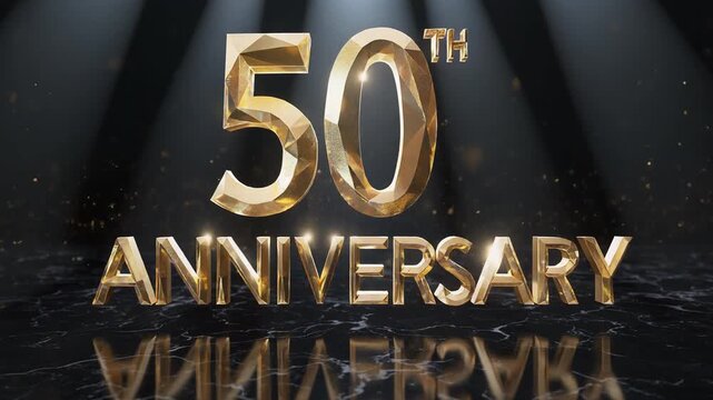 A dazzling 50th Anniversary celebration in shimmering gold and elegant black with dynamic spotlights.
