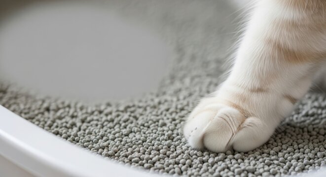 Close up cat litter box with feline paw stepping into granular absorbent material. Cat litter box shows clean pet waste area, highlighting hygienic pet care for domestic cats.