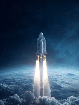 Night launch illuminates dark sky. Shuttle ascends through clouds into space