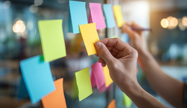 Business brainstorming session close up of hands sticking colorful adhesive notes on a glass office wall