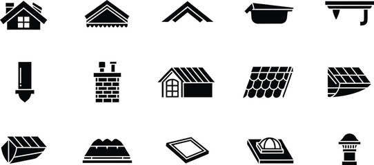 A set of roofing and building construction icons featuring various elements and components © Milon Store