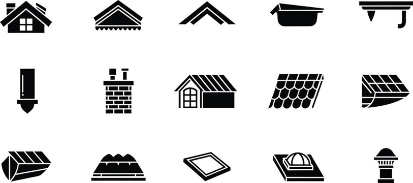 A set of roofing and building construction icons featuring various elements and components