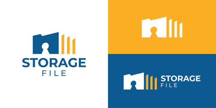 Creative simple storage file logo template. Warehouse with file document folder logo design vector illustration.