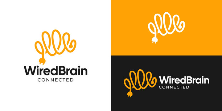 Creative simple wired brain logo template. Abstract brain with cable wire plug symbol, Brain electric logo design vector illustration.