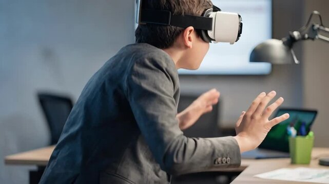 Teen using VR gear engaged in a simulated job interview facial expressions sharp while background remains blurred to emphasize focused skill development.