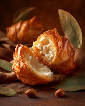 Delicate waltz of crunchy texture flavor golden crispy leaf of Jonjoli pastry unfold reveal fragrant tender white succulent core within rich blend of savory spice clean professional stock photo sharp