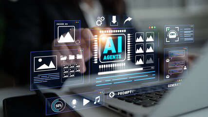 Naklejka na ściany i meble Close-Up of Business Person Interacting with Futuristic Digital AI Interface on Laptop Screen for Technology Concept in Modern Workplace Quark.