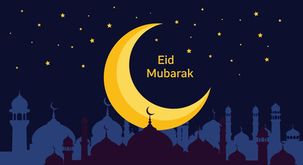 Naklejka premium Festive Eid Mubarak greeting featuring a golden crescent moon, twinkling stars, and mosque silhouettes under a dark night sky.