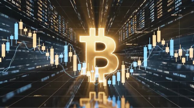 Bitcoin cryptocurrency glowing symbol surrounded by financial charts and graphs in a futuristic digital landscape