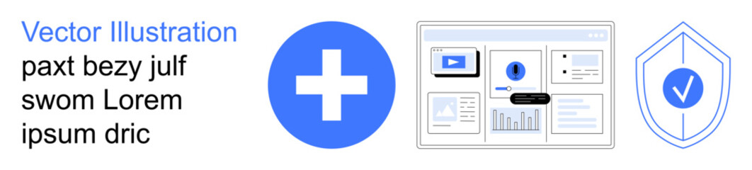 Obraz premium Healthcare technology, data protection, medical services, health innovation, cybersecurity, telemedicine. A medical cross, digital interface and security shield are . Healthcare technology and data