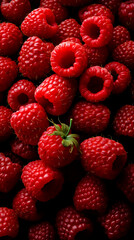 A close-up photograph of a large cluster of red raspberries with a single green leaf in the center