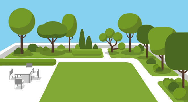 A vibrant flat illustration depicting a serene urban park with lush green lawns, diverse trees, paved walkways, and a modern outdoor dining area.