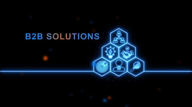 Futuristic neon hexagon business solutions concept with glowing technology and vibrant digital network theme for corporate innovation and B2 B marketing presentations