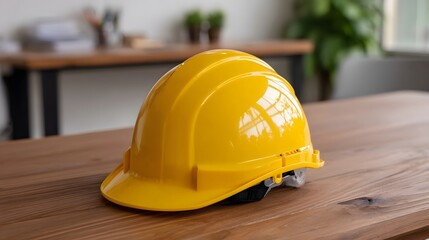 A yellow hard hat sits on a wooden desk in an office setting representing safety and construction