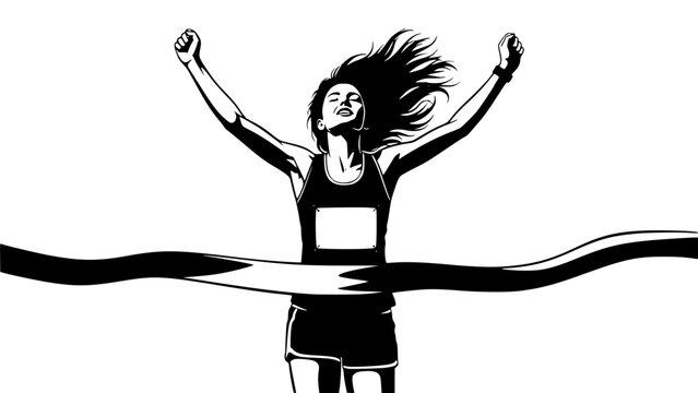 Woman runner crossing the finish line. Silhouette of athletic looking female runner running. Transparent background SVG version.