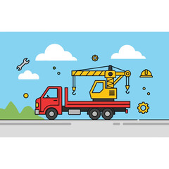 Fototapeta premium Flat Design Construction Crane Truck Vehicle On Road With Sky Background