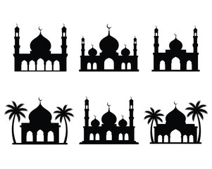Islamic mosque silhouette illustration set, black skyline designs with domes minarets and palm trees representing faith tradition spirituality and cultural architecture. © Kayla Quentin