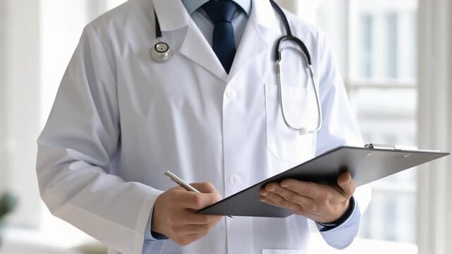 白衣の医師がクリップボードに記録を取る診察中の医療現場の一瞬