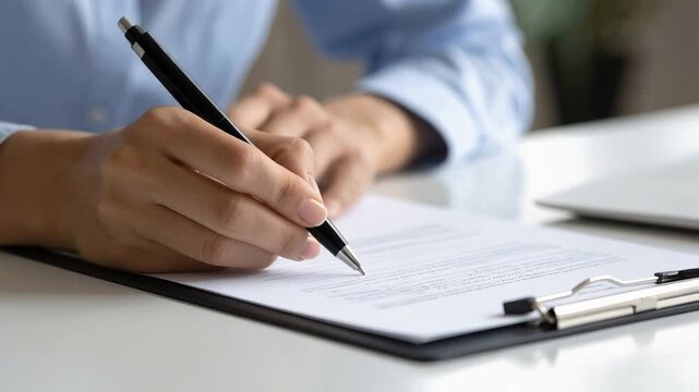 デスクでペンを持ち書類に記入するビジネス業務中の手元の様子