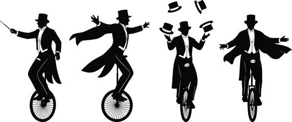 Set of circus performer silhouettes, man in tuxedo riding unicycle, juggling top hats, magician acrobat vector illustrations collection, black figures isolated on white. © Sagar Creative