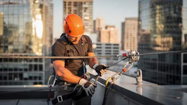 Medium shot of a technician tightening cables on a zipline setup high above an urban rooftop with city buildings softly out of focus.