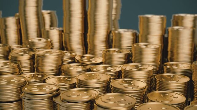 Golden dollar coin stacks standing in massive static rows. Seamless loop of an infinite money field ideal for backgrounds on economic outlooks, financial forecasting, and long-term capital strategy.