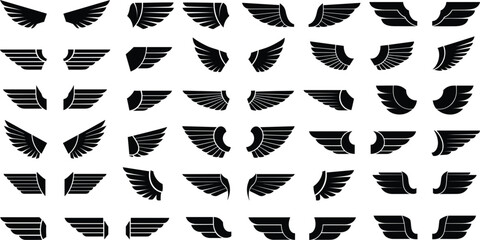 Large Set of Detailed Black Wing Silhouettes with Angelic and Bird Feather Patterns for Mascot Logos, T-shirt Prints, Tattoos, and Heraldic Graphic Designs © Yousuf