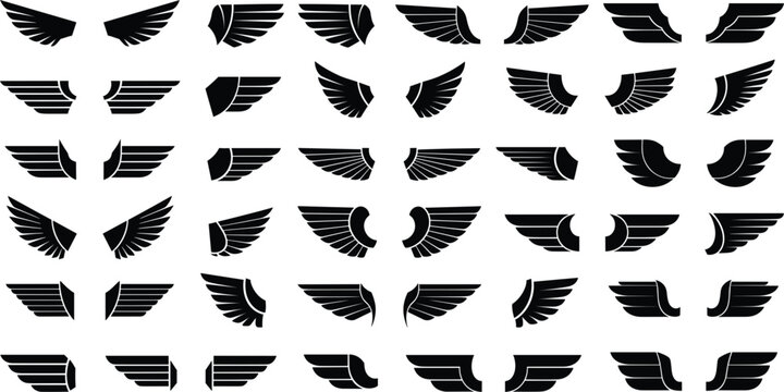 Large Set of Detailed Black Wing Silhouettes with Angelic and Bird Feather Patterns for Mascot Logos, T-shirt Prints, Tattoos, and Heraldic Graphic Designs