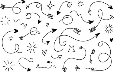Obraz premium Black and white doodle arrows and symbols with hearts and stars de