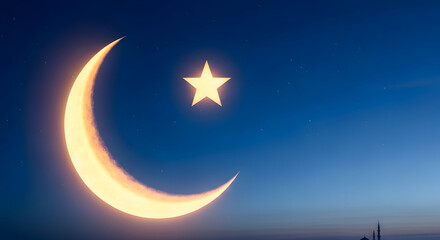 Fototapeta premium Crescent moon and star shining brightly in the night sky.
